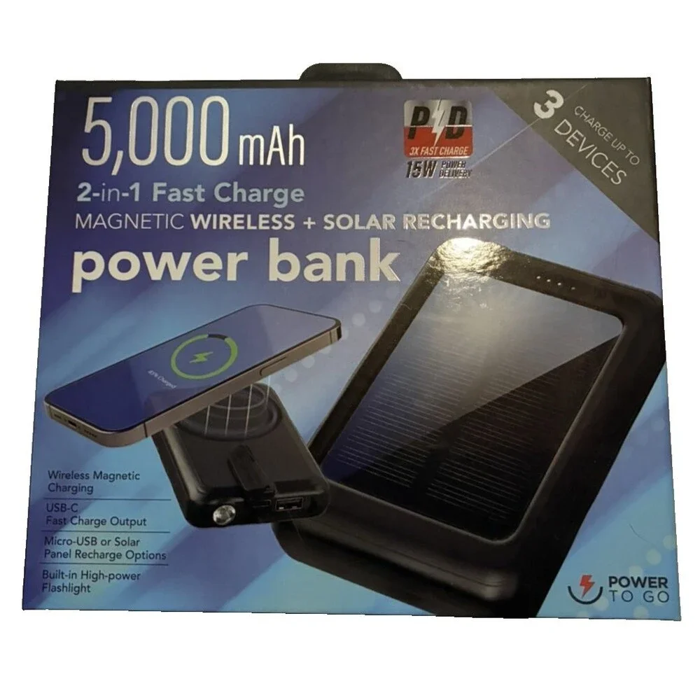 Power Bank, 5, 000mAh, 2 in 1 Fast Charge, Magnetic Wireless + Solar Recharging
